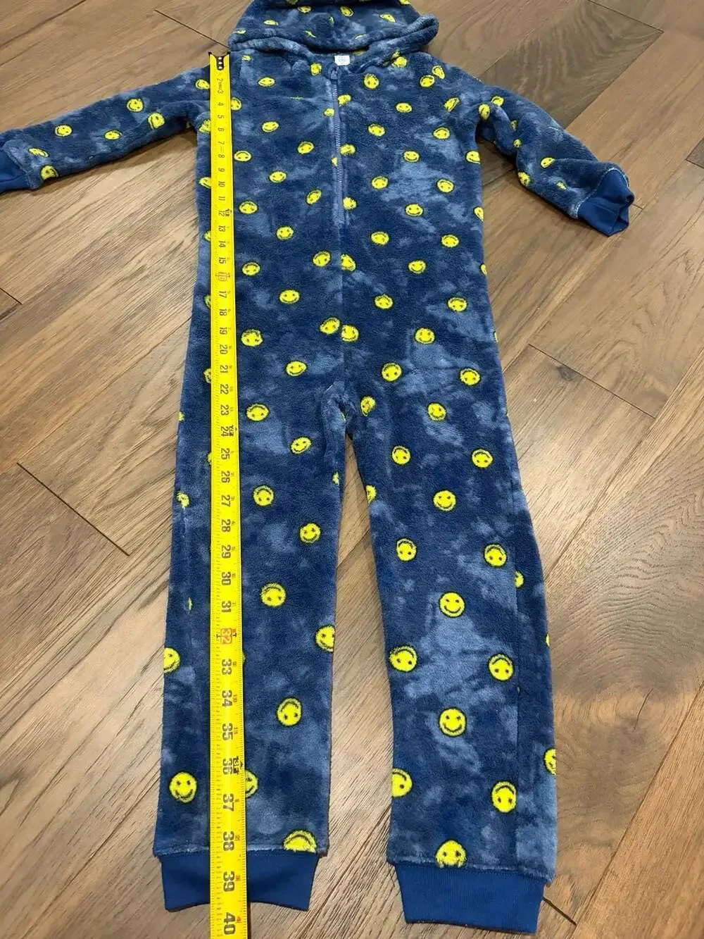 Old Navy Blue Yellow Smiley Face Fleece Hooded One Piece Pajamas Size S 6-7